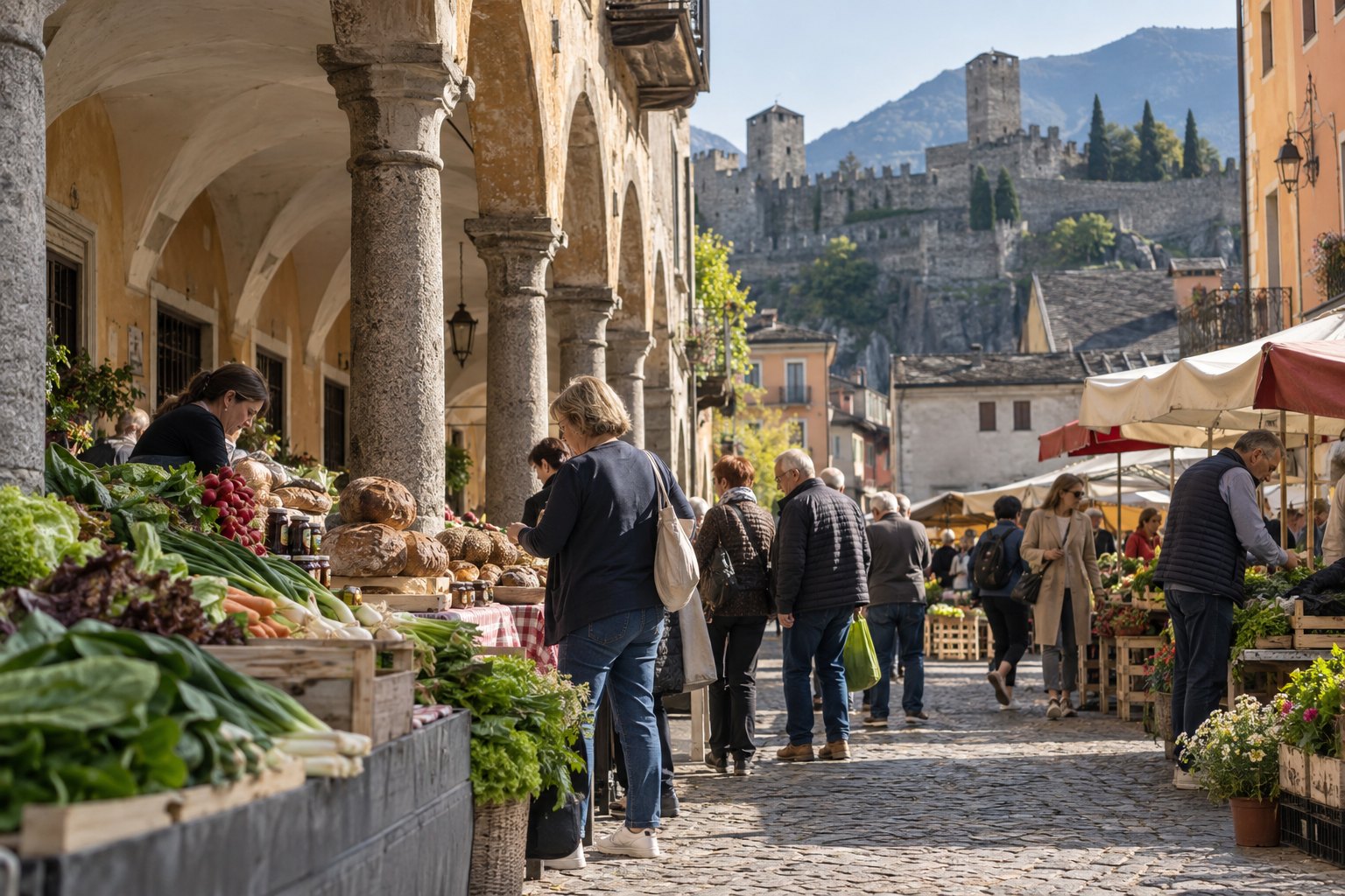 Wochenmarkt unter den Arkaden von Bellinzona