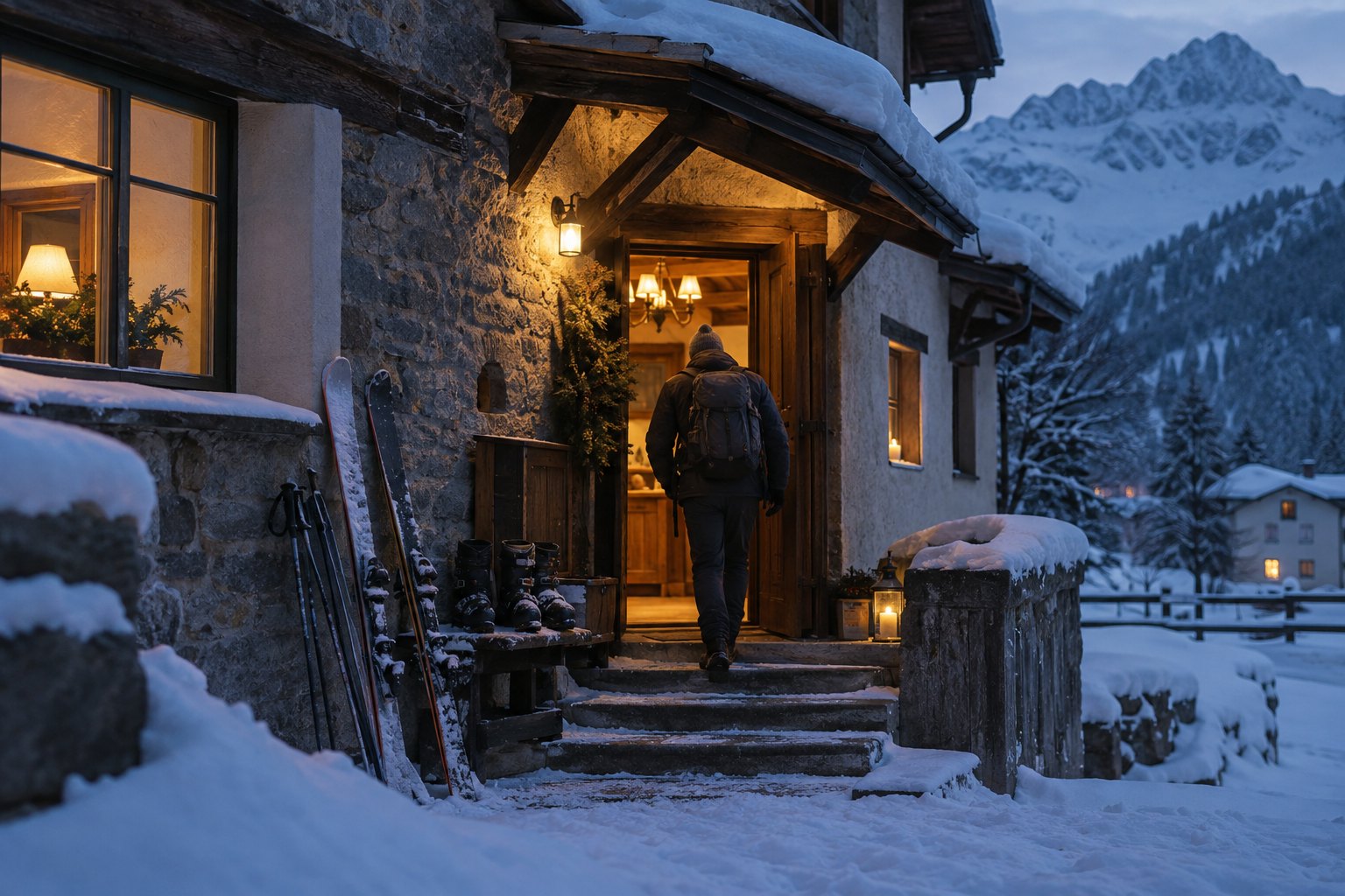 Reisender betritt ein winterliches Berghaus im Engadin