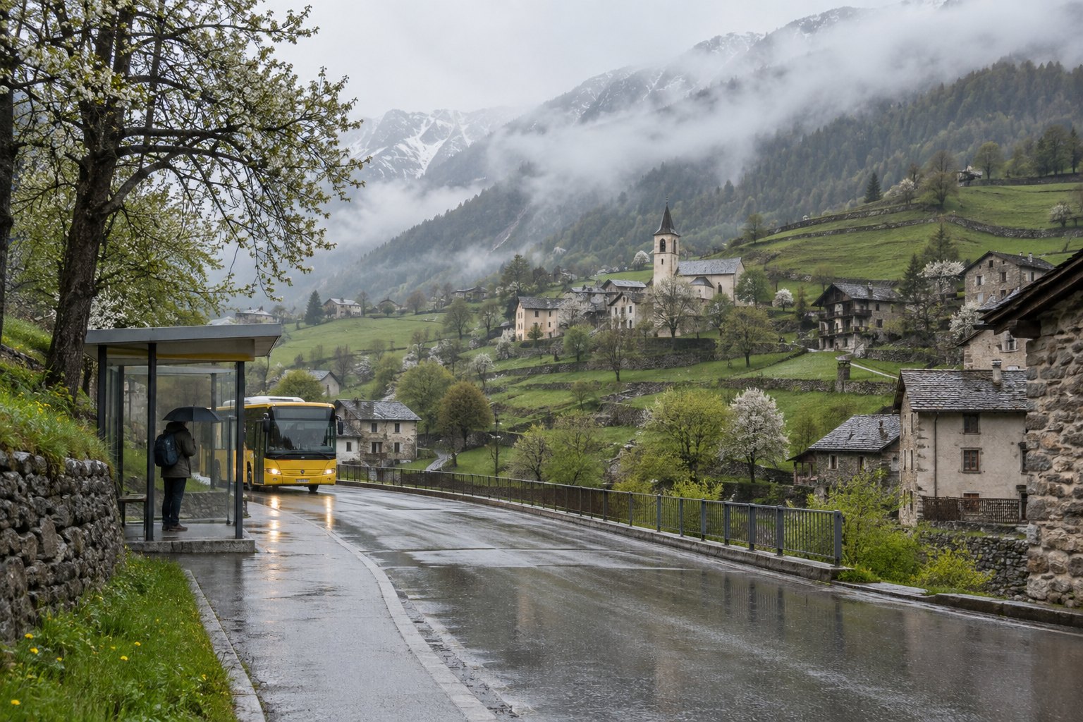 Reisende wartet im Regen an einer Bündner Bushaltestelle