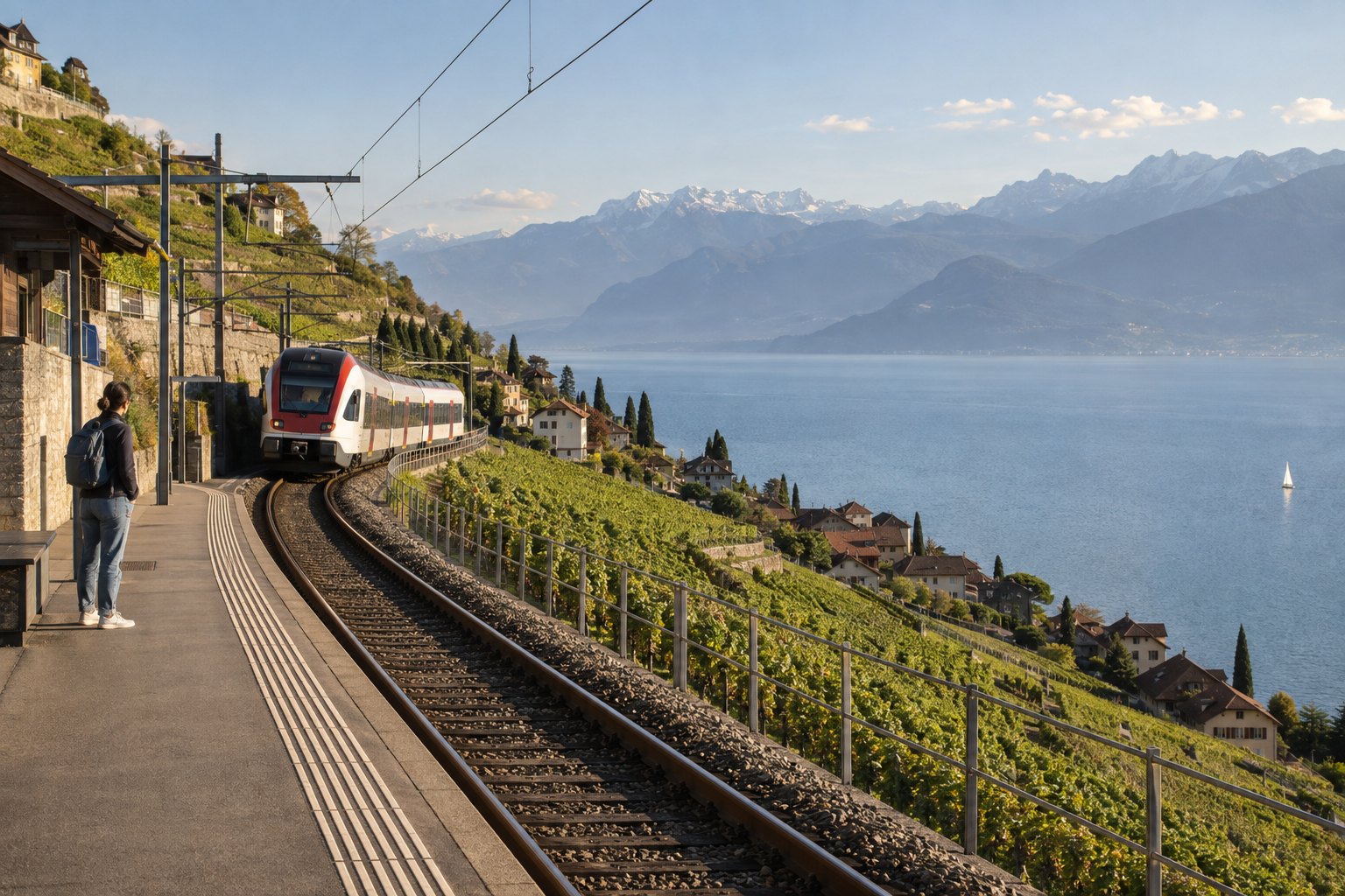 Regionalzug fährt durch Rebhänge oberhalb des Genfersees