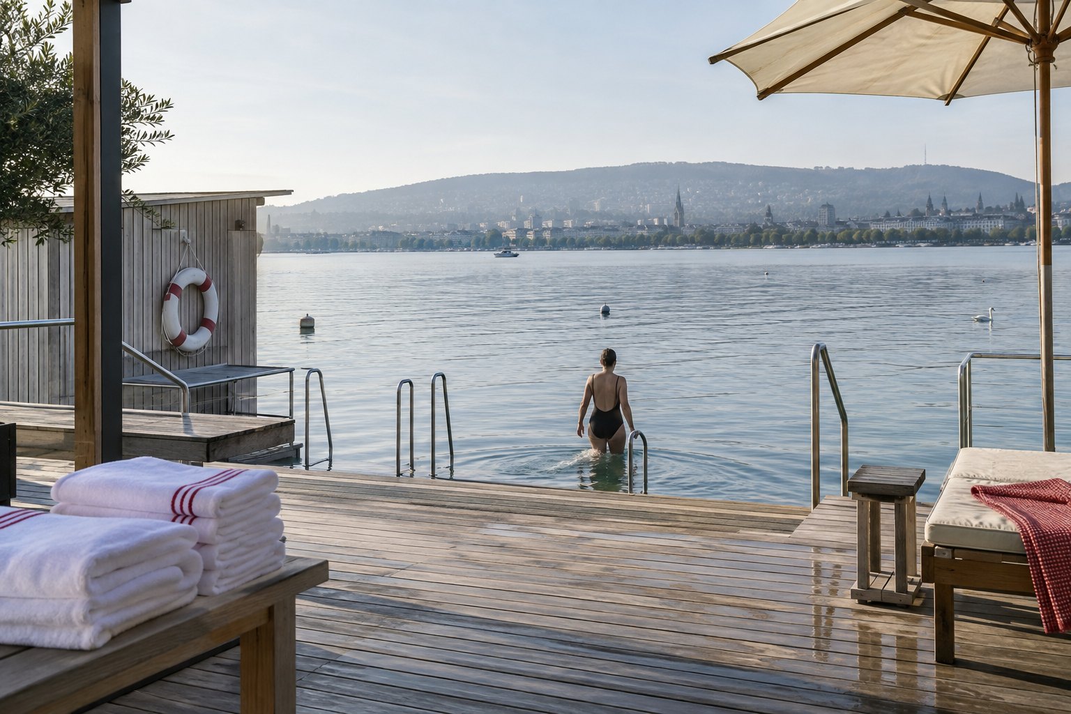 Schwimmerin steigt am frühen Morgen in den Zürichsee